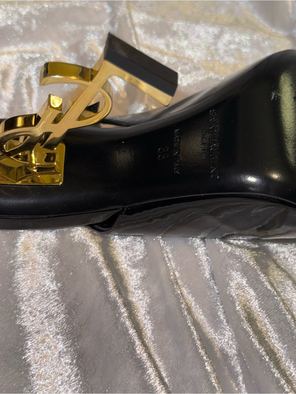 Saint Laurent Black Patent Opyum Slingback Heels with Gold Logo Heel - Picture 8 of 13
